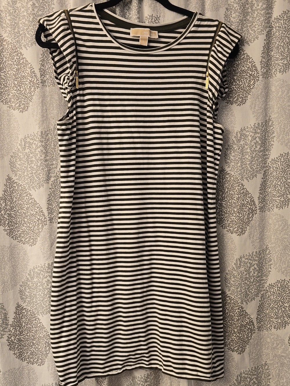 Michael Kors Dark Green and White Striped Mini Dress with Gold Zipper Detail